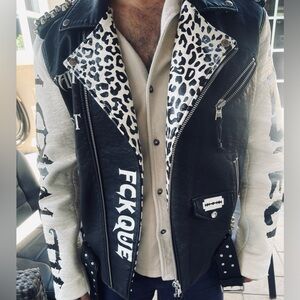 Cult of Individuality Leather Moto Biker Jacket Black and White Studded